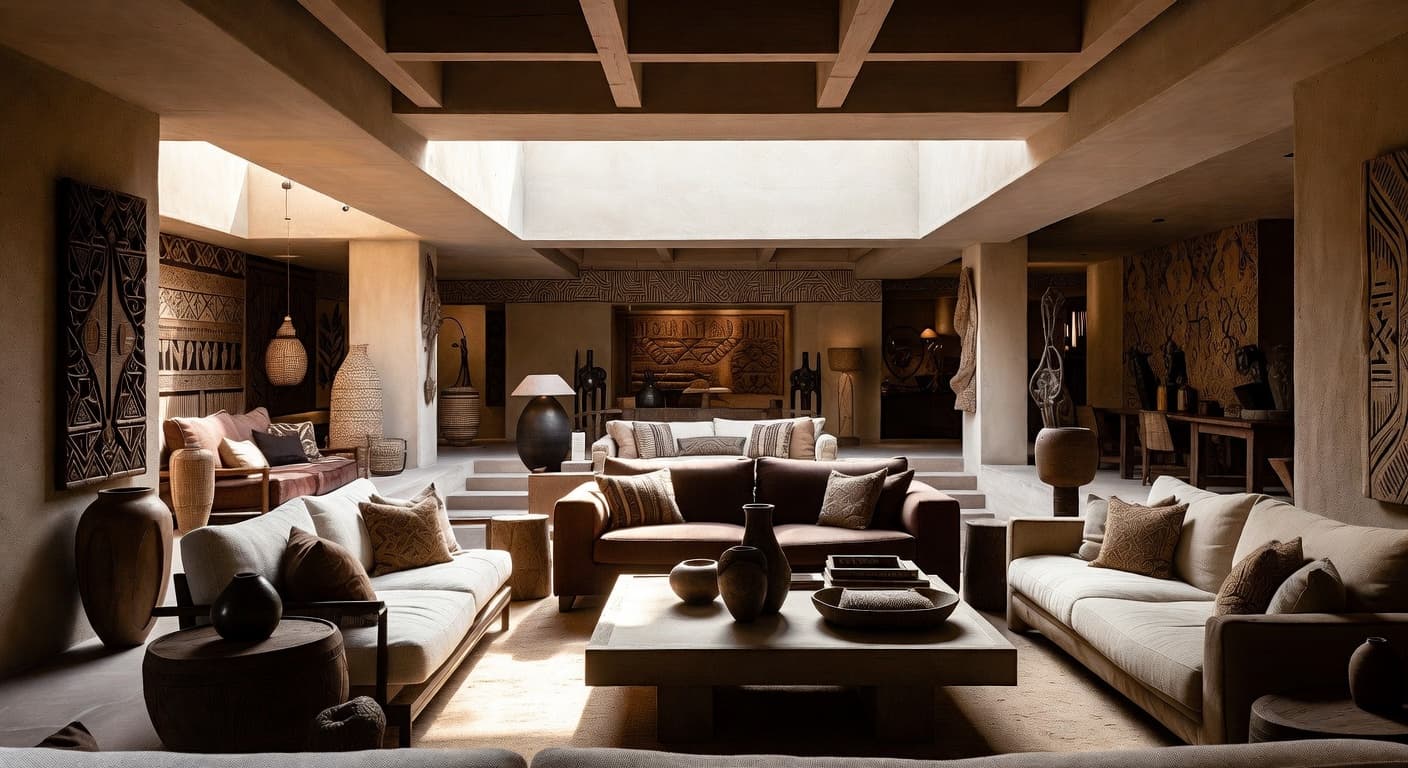 African basement interior design - featuring african style furniture, decor, colors, and layout ideas for your basement