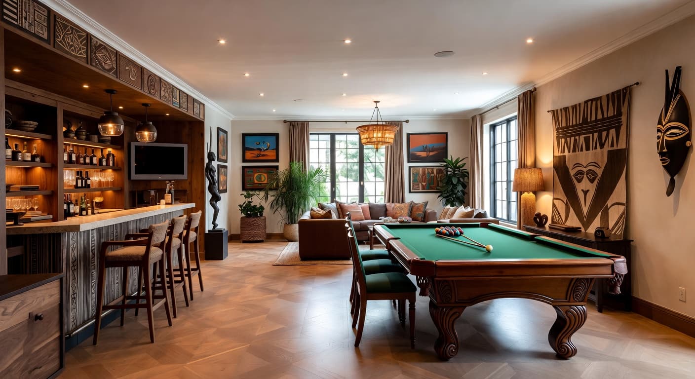 African billiards room interior design - featuring african style furniture, decor, colors, and layout ideas for your billiards room