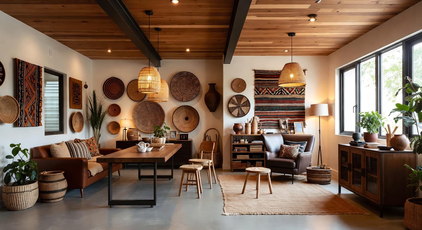 African craft room / studio interior design - featuring african style furniture, decor, colors, and layout ideas for your craft room / studio