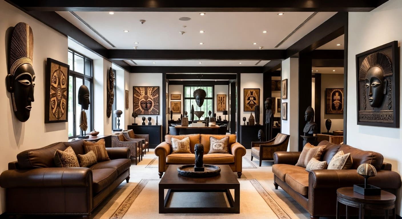 African gallery / art display interior design - featuring african style furniture, decor, colors, and layout ideas for your gallery / art display