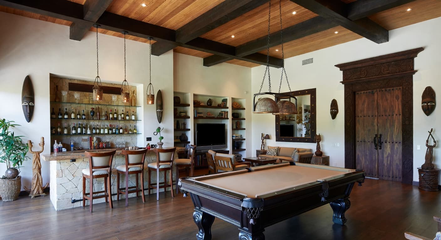 African game room interior design - featuring african style furniture, decor, colors, and layout ideas for your game room