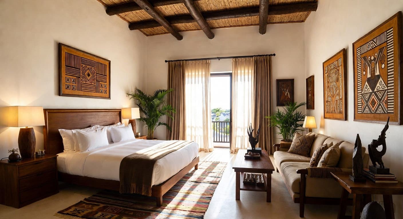 African guest room interior design - featuring african style furniture, decor, colors, and layout ideas for your guest room