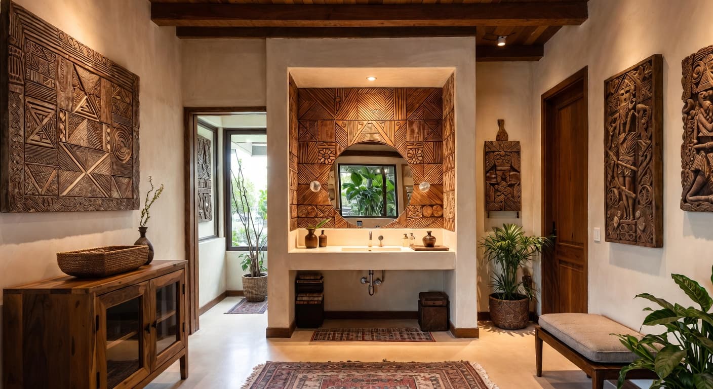 African powder room interior design - featuring african style furniture, decor, colors, and layout ideas for your powder room