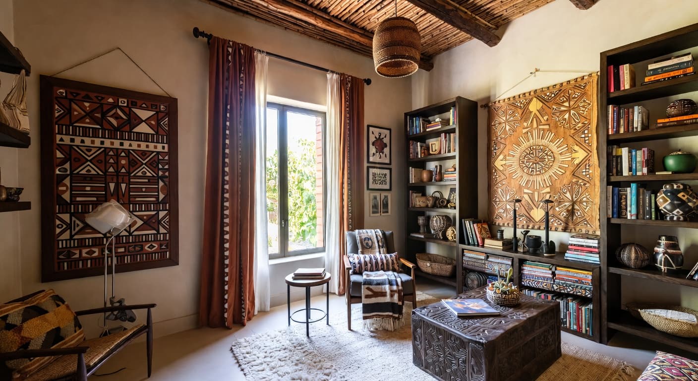 African reading nook interior design - featuring african style furniture, decor, colors, and layout ideas for your reading nook