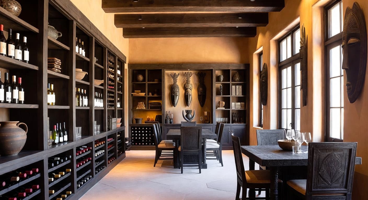 African wine cellar interior design - featuring african style furniture, decor, colors, and layout ideas for your wine cellar