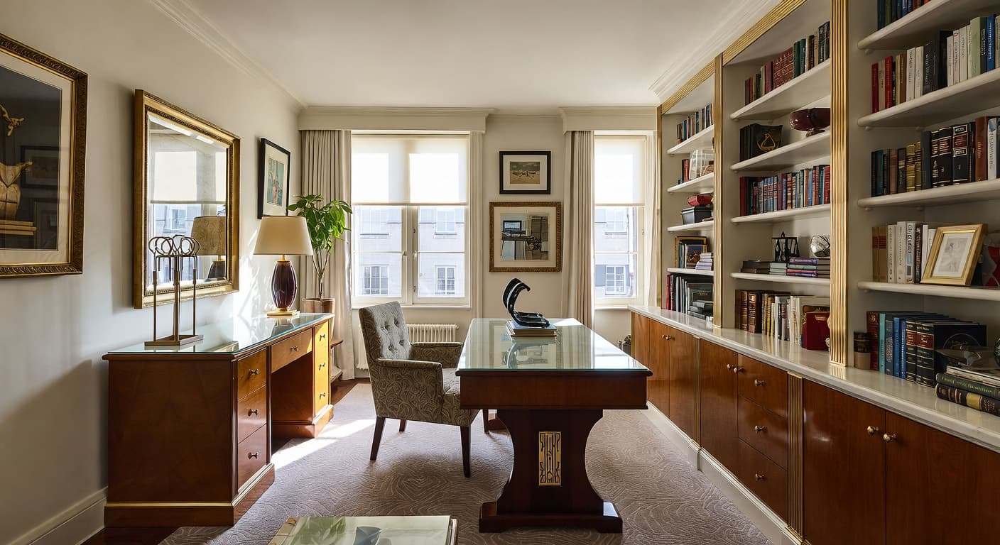 Art Deco craft room / studio interior design - featuring art deco style furniture, decor, colors, and layout ideas for your craft room / studio