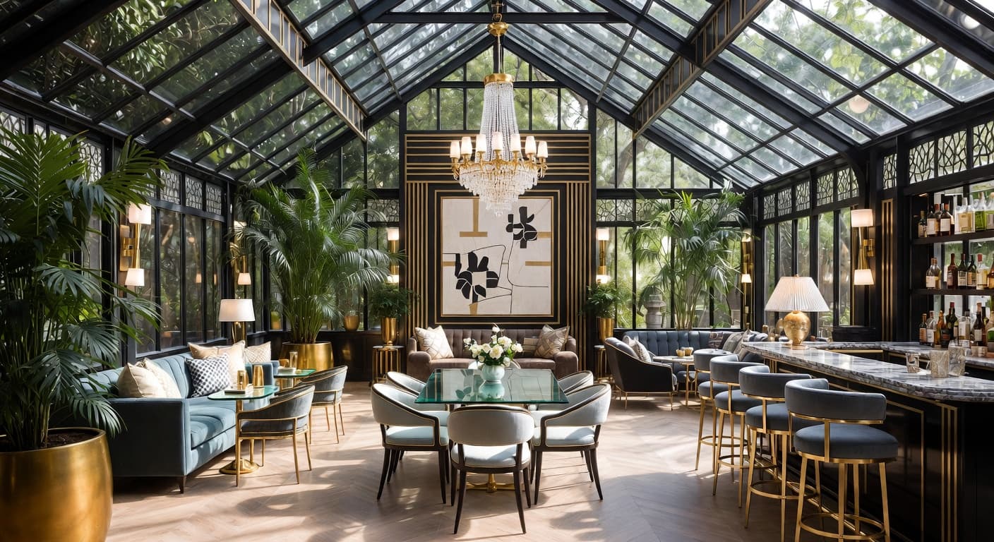 Art Deco greenhouse interior design - featuring art deco style furniture, decor, colors, and layout ideas for your greenhouse