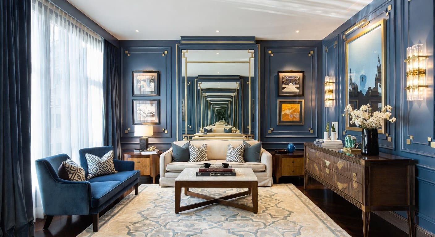 Art Deco meditation space interior design - featuring art deco style furniture, decor, colors, and layout ideas for your meditation space