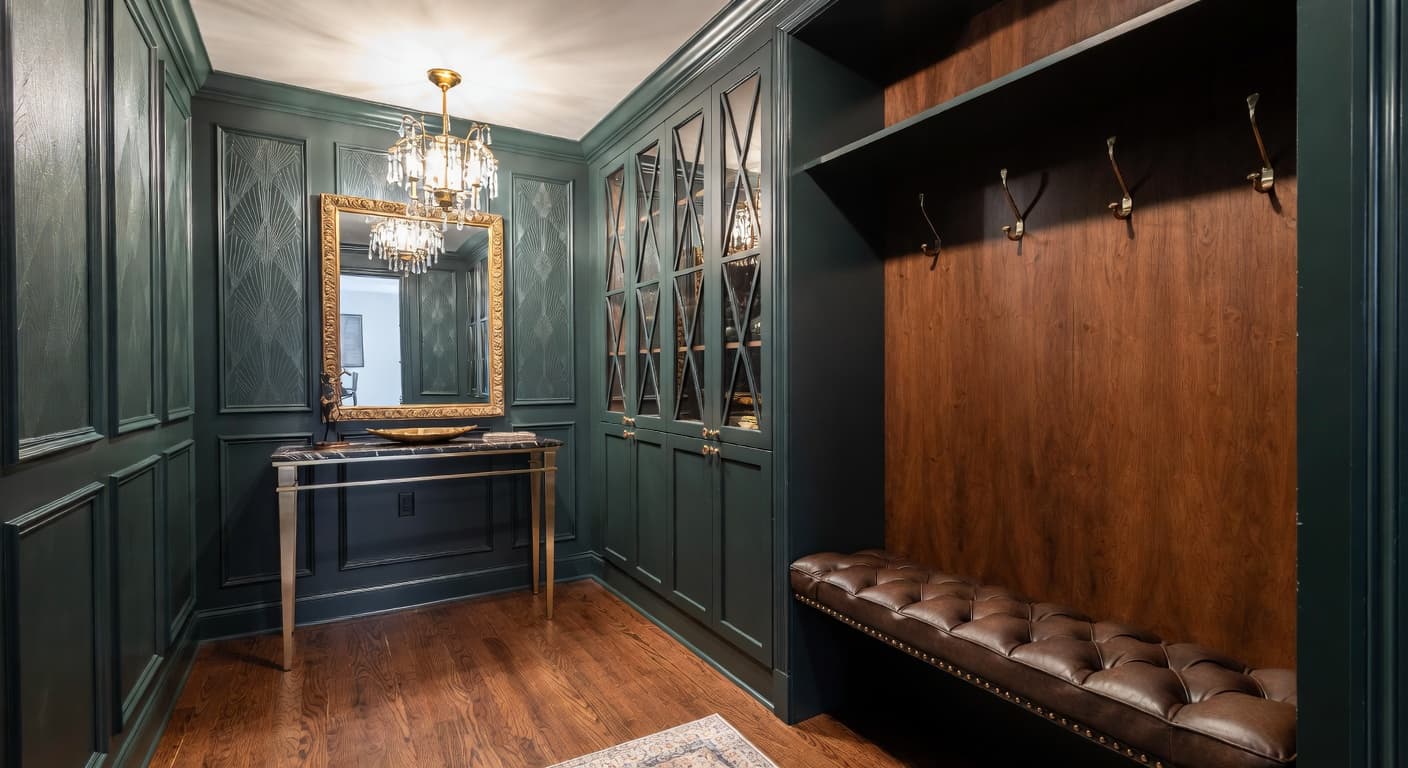 Art Deco mudroom interior design - featuring art deco style furniture, decor, colors, and layout ideas for your mudroom