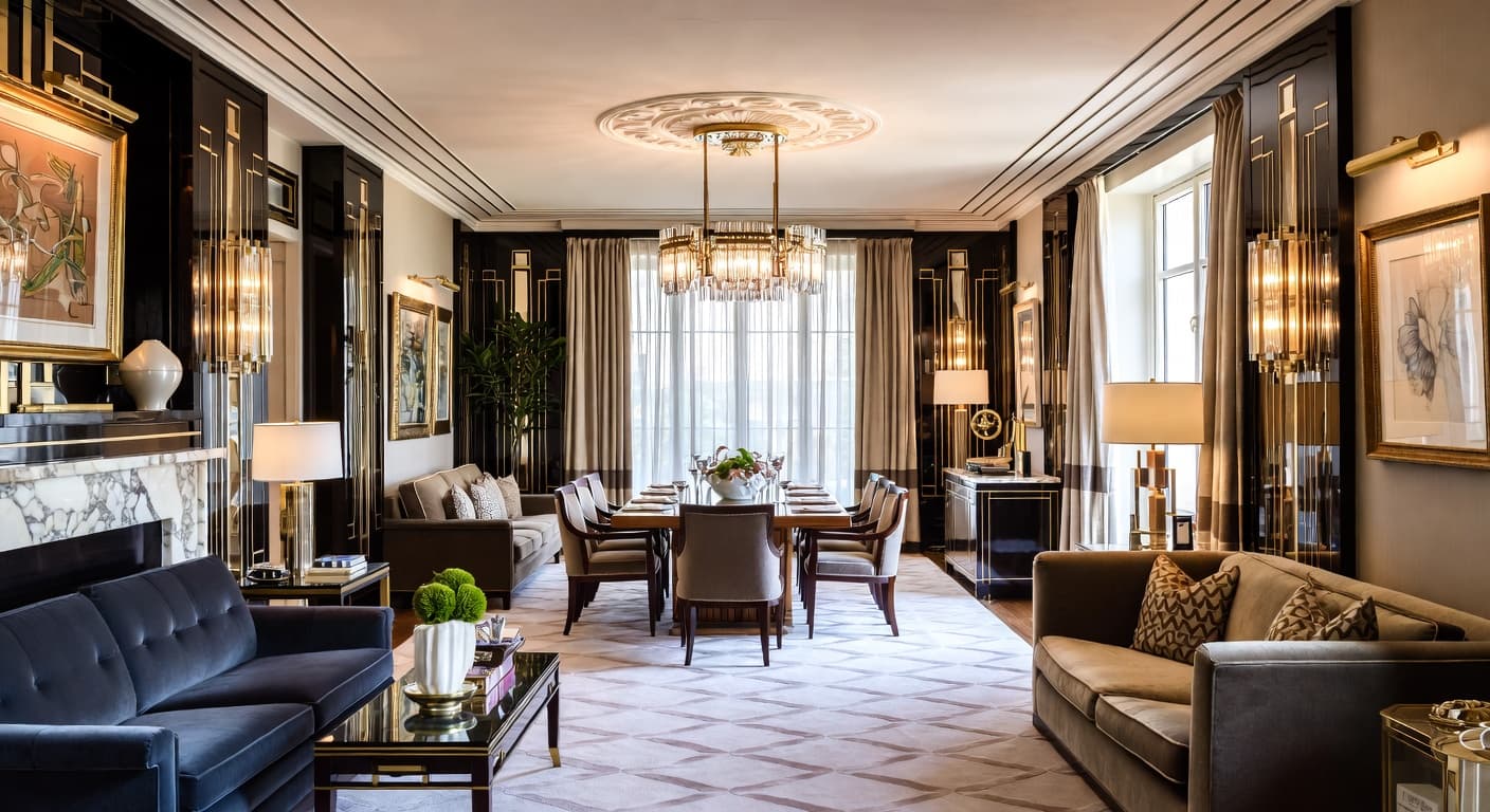 Art Deco multi-purpose room interior design - featuring art deco style furniture, decor, colors, and layout ideas for your multi-purpose room