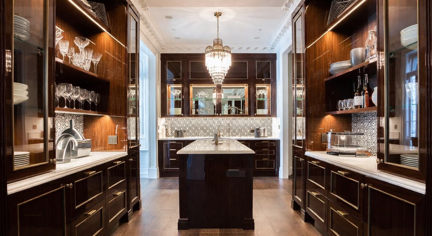 Art Deco pantry interior design - featuring art deco style furniture, decor, colors, and layout ideas for your pantry