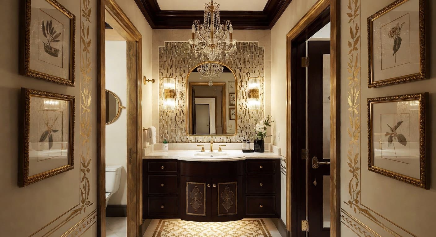 Art Deco powder room interior design - featuring art deco style furniture, decor, colors, and layout ideas for your powder room