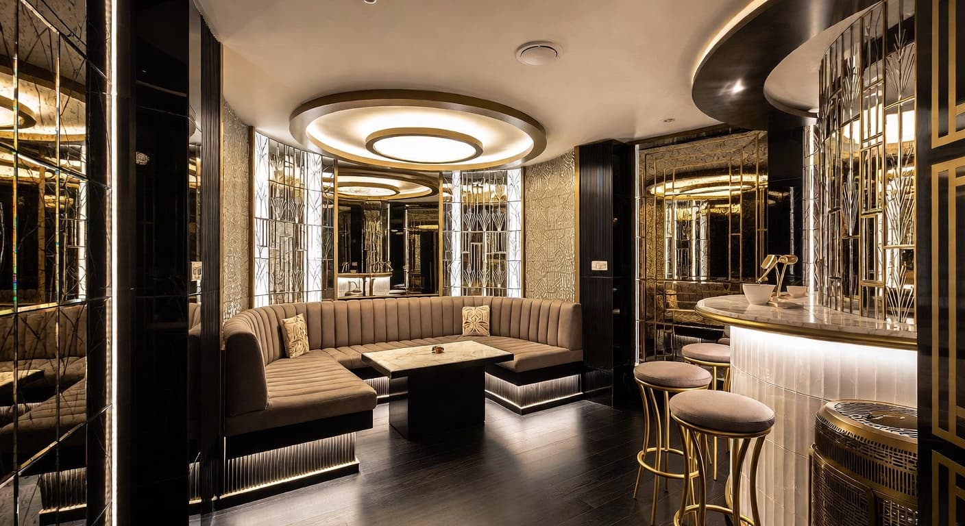 Art Deco sauna / spa room interior design - featuring art deco style furniture, decor, colors, and layout ideas for your sauna / spa room