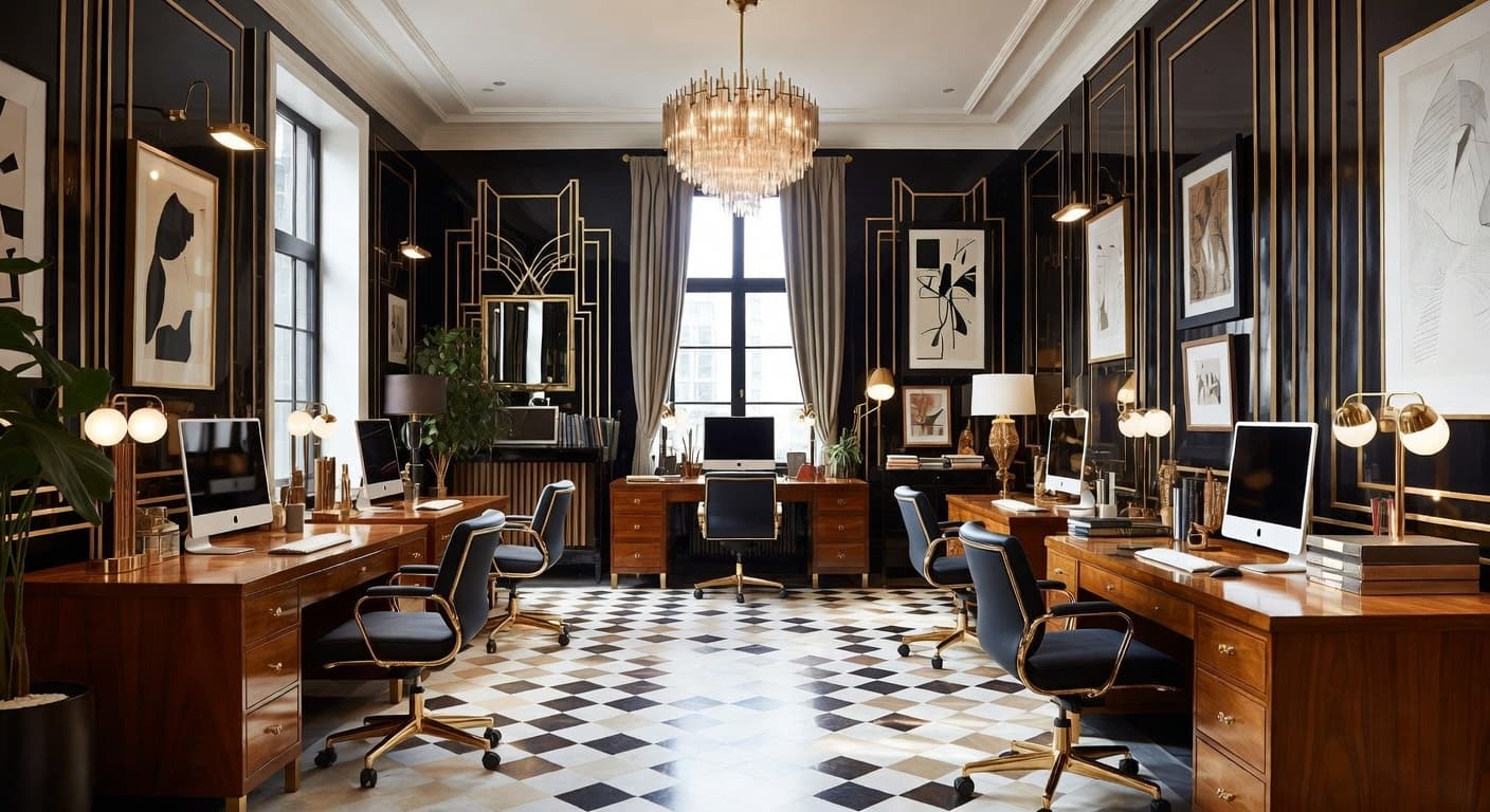 Art Deco workshop interior design - featuring art deco style furniture, decor, colors, and layout ideas for your workshop