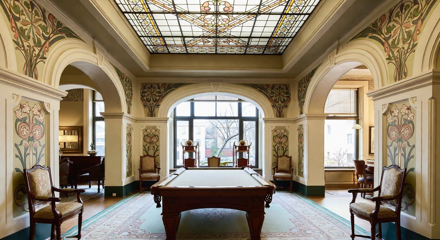 Art Nouveau billiards room interior design - featuring art nouveau style furniture, decor, colors, and layout ideas for your billiards room
