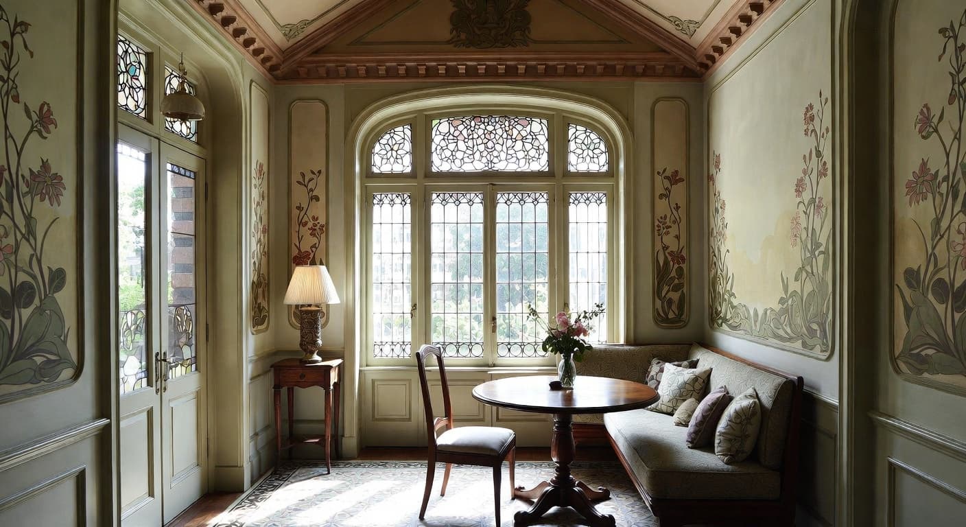 Art Nouveau breakfast nook interior design - featuring art nouveau style furniture, decor, colors, and layout ideas for your breakfast nook