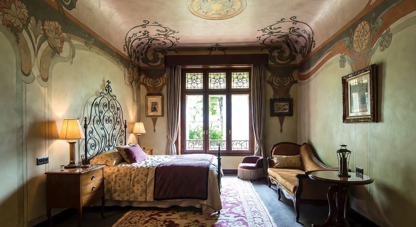 Art Nouveau guest room interior design - featuring art nouveau style furniture, decor, colors, and layout ideas for your guest room