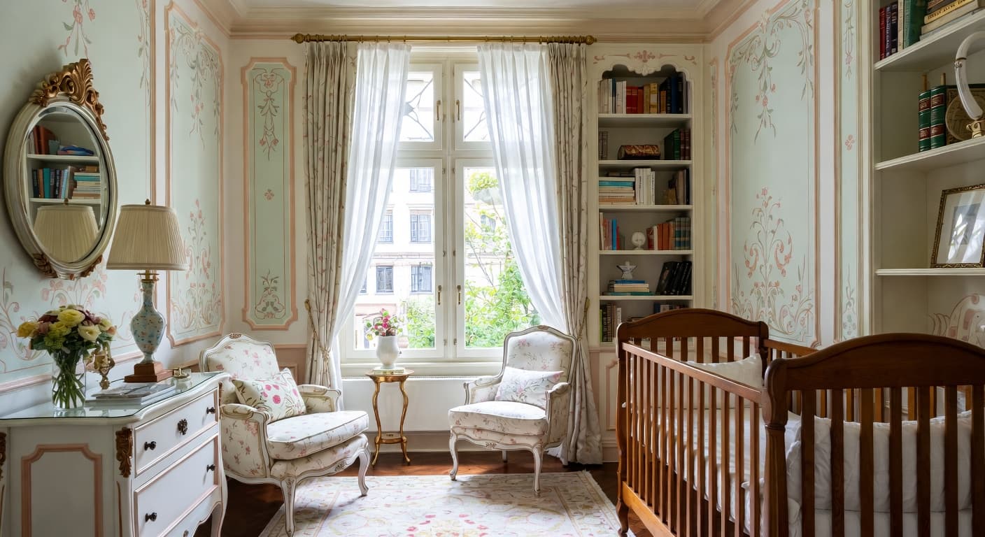 Art Nouveau nursery interior design - featuring art nouveau style furniture, decor, colors, and layout ideas for your nursery