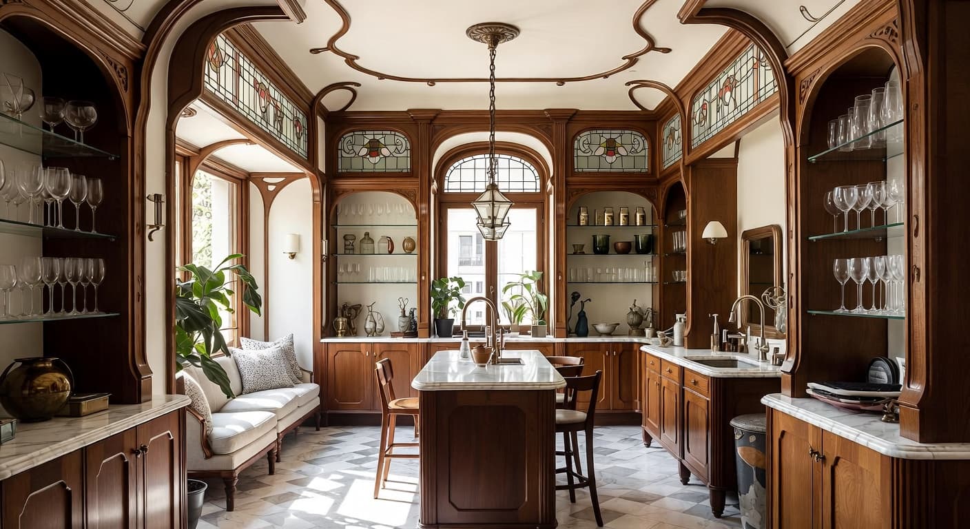 Art Nouveau pantry interior design - featuring art nouveau style furniture, decor, colors, and layout ideas for your pantry