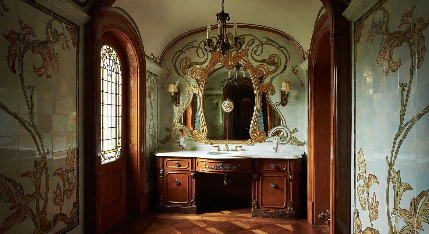 Art Nouveau powder room interior design - featuring art nouveau style furniture, decor, colors, and layout ideas for your powder room