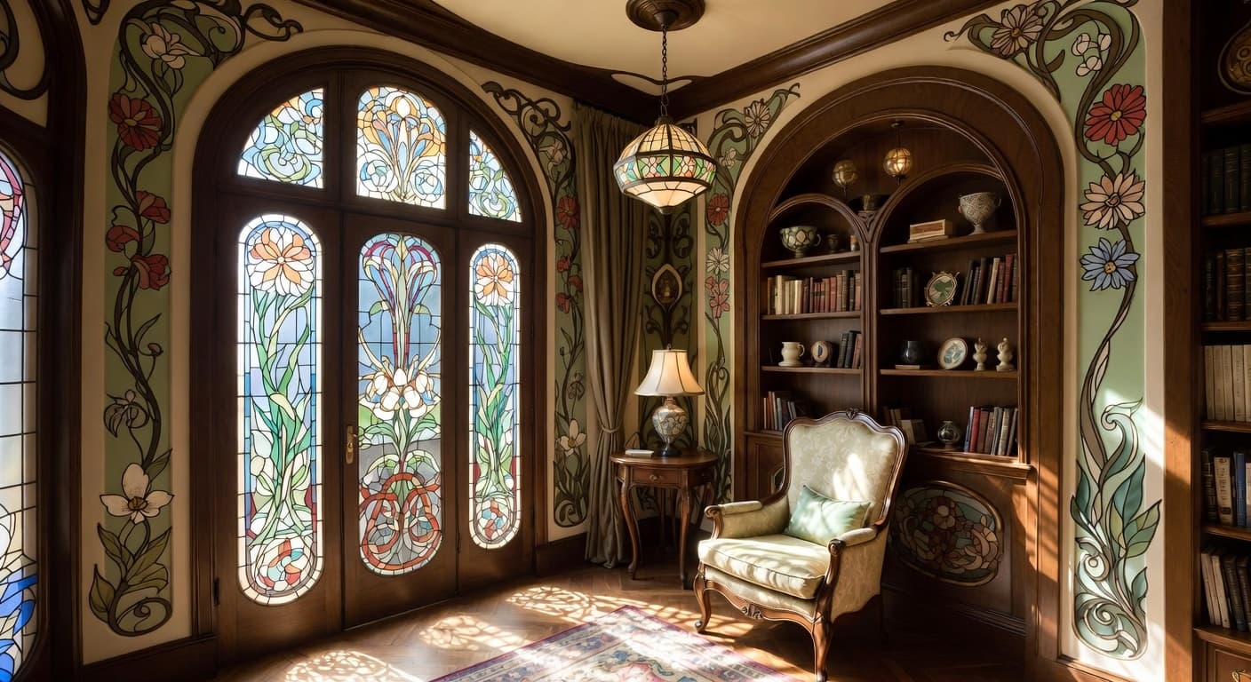 Art Nouveau reading nook interior design - featuring art nouveau style furniture, decor, colors, and layout ideas for your reading nook