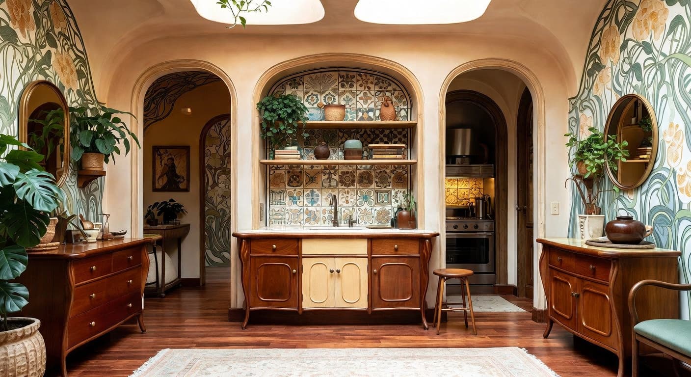 Art Nouveau utility room interior design - featuring art nouveau style furniture, decor, colors, and layout ideas for your utility room