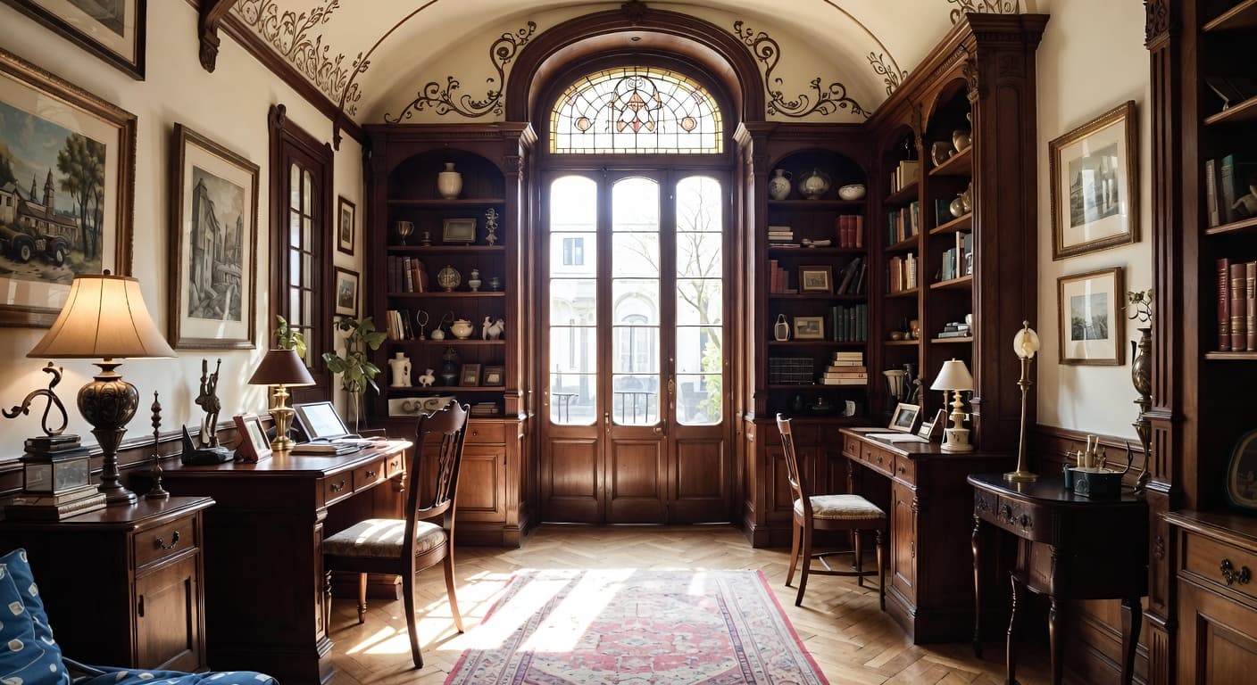 Art Nouveau workshop interior design - featuring art nouveau style furniture, decor, colors, and layout ideas for your workshop