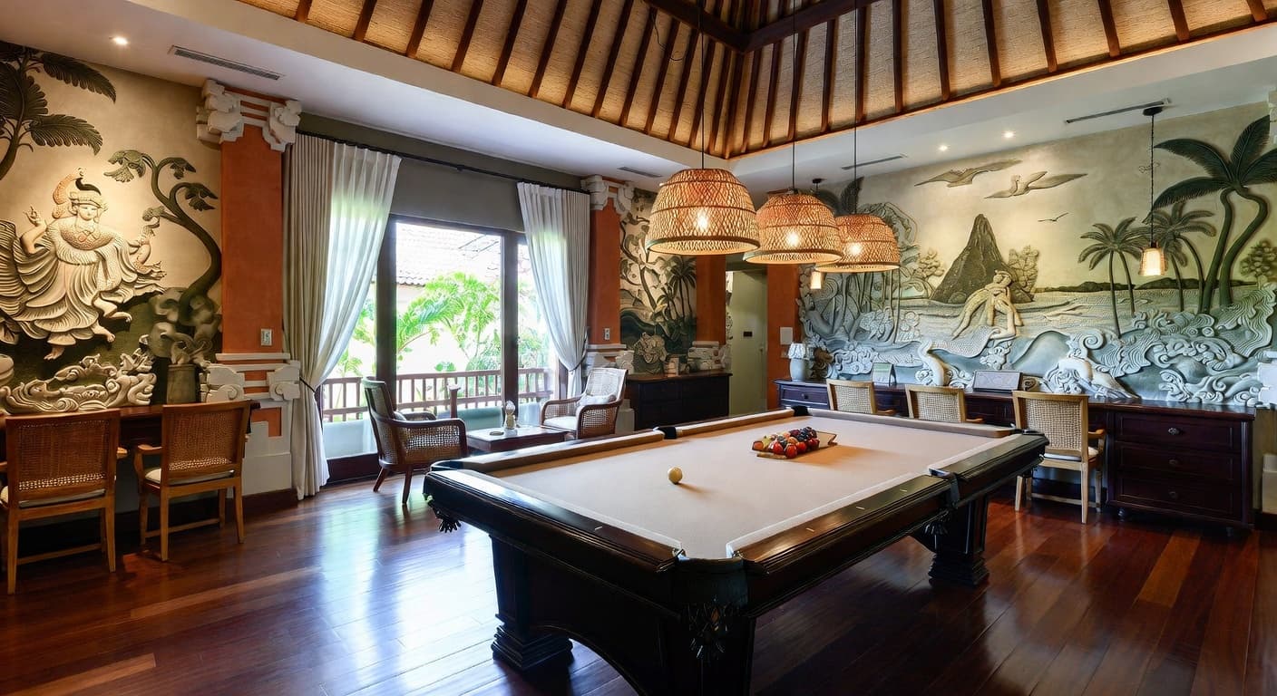 Balinese billiards room interior design - featuring balinese style furniture, decor, colors, and layout ideas for your billiards room