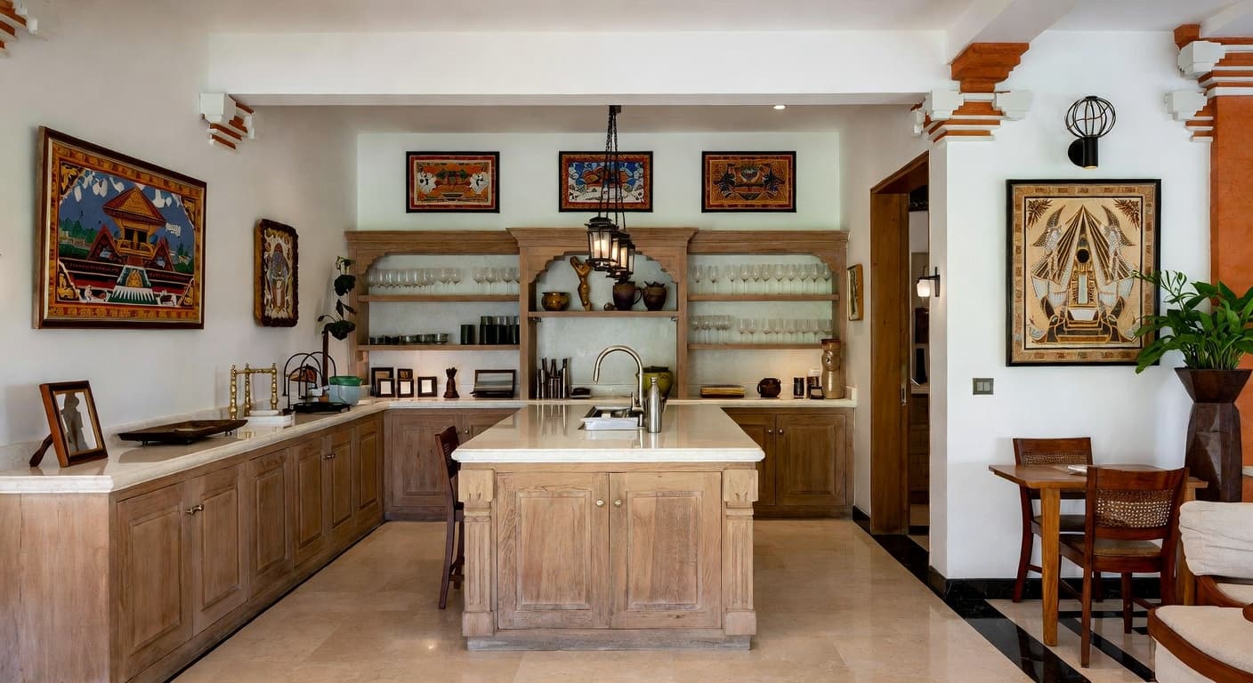 Balinese butler's pantry interior design - featuring balinese style furniture, decor, colors, and layout ideas for your butler's pantry