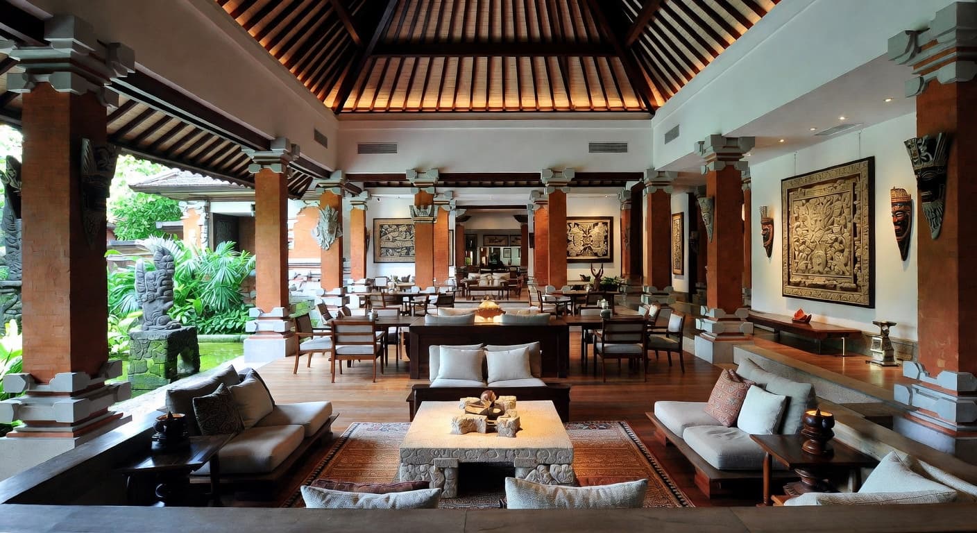 Balinese gallery / art display interior design - featuring balinese style furniture, decor, colors, and layout ideas for your gallery / art display