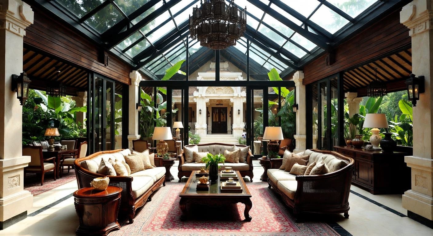 Balinese greenhouse interior design - featuring balinese style furniture, decor, colors, and layout ideas for your greenhouse