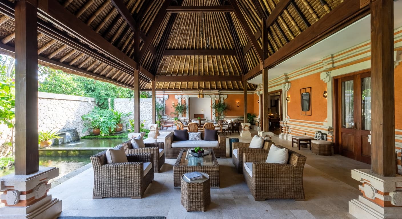 Balinese outdoor space interior design - featuring balinese style furniture, decor, colors, and layout ideas for your outdoor space