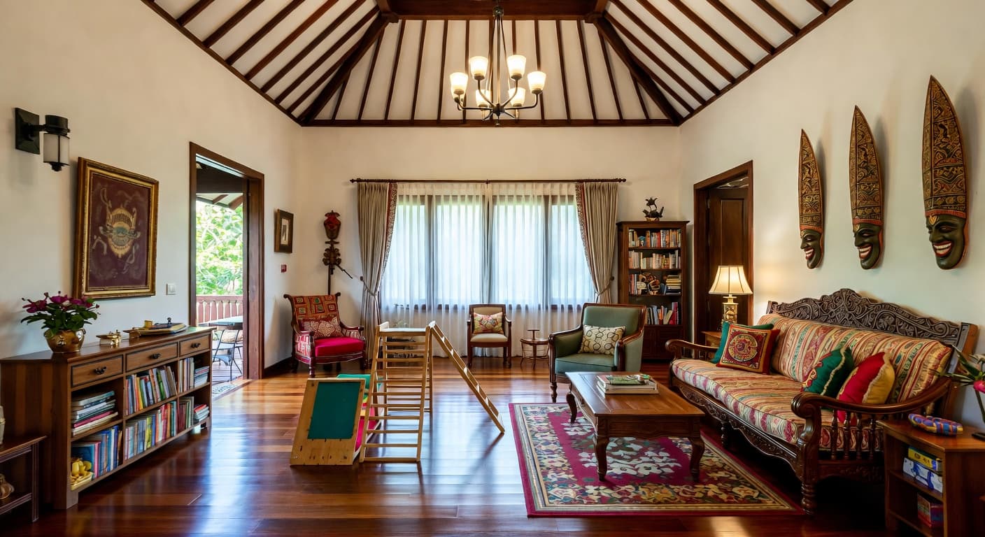 Balinese playroom interior design - featuring balinese style furniture, decor, colors, and layout ideas for your playroom