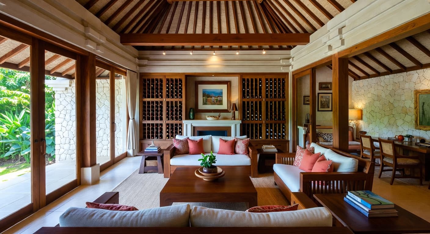 Balinese wine cellar interior design - featuring balinese style furniture, decor, colors, and layout ideas for your wine cellar
