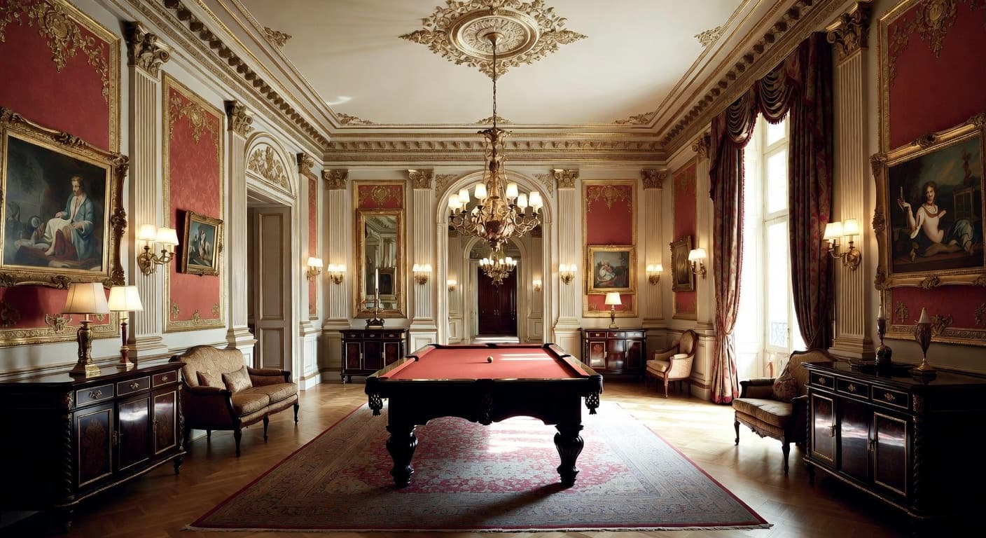 Baroque billiards room interior design - featuring baroque style furniture, decor, colors, and layout ideas for your billiards room