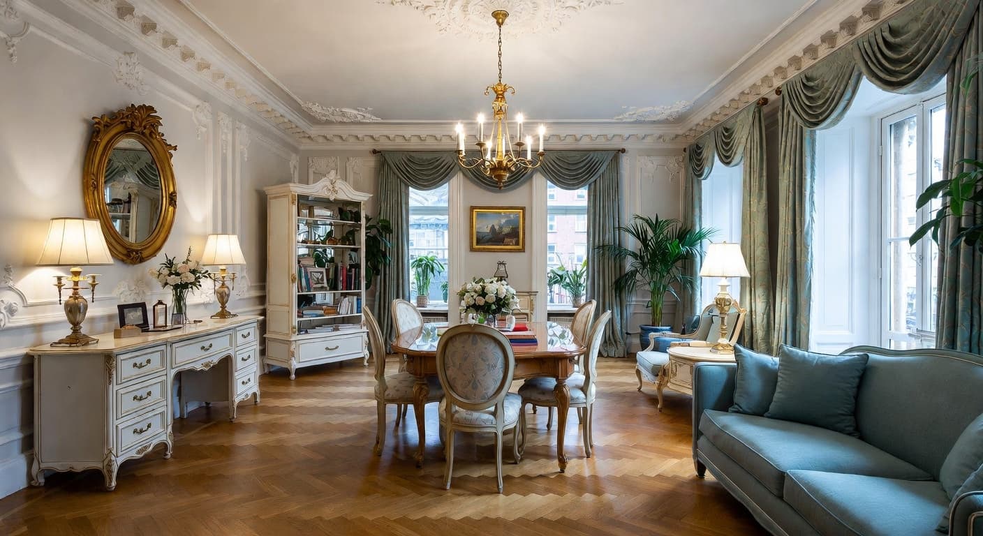 Baroque craft room / studio interior design - featuring baroque style furniture, decor, colors, and layout ideas for your craft room / studio