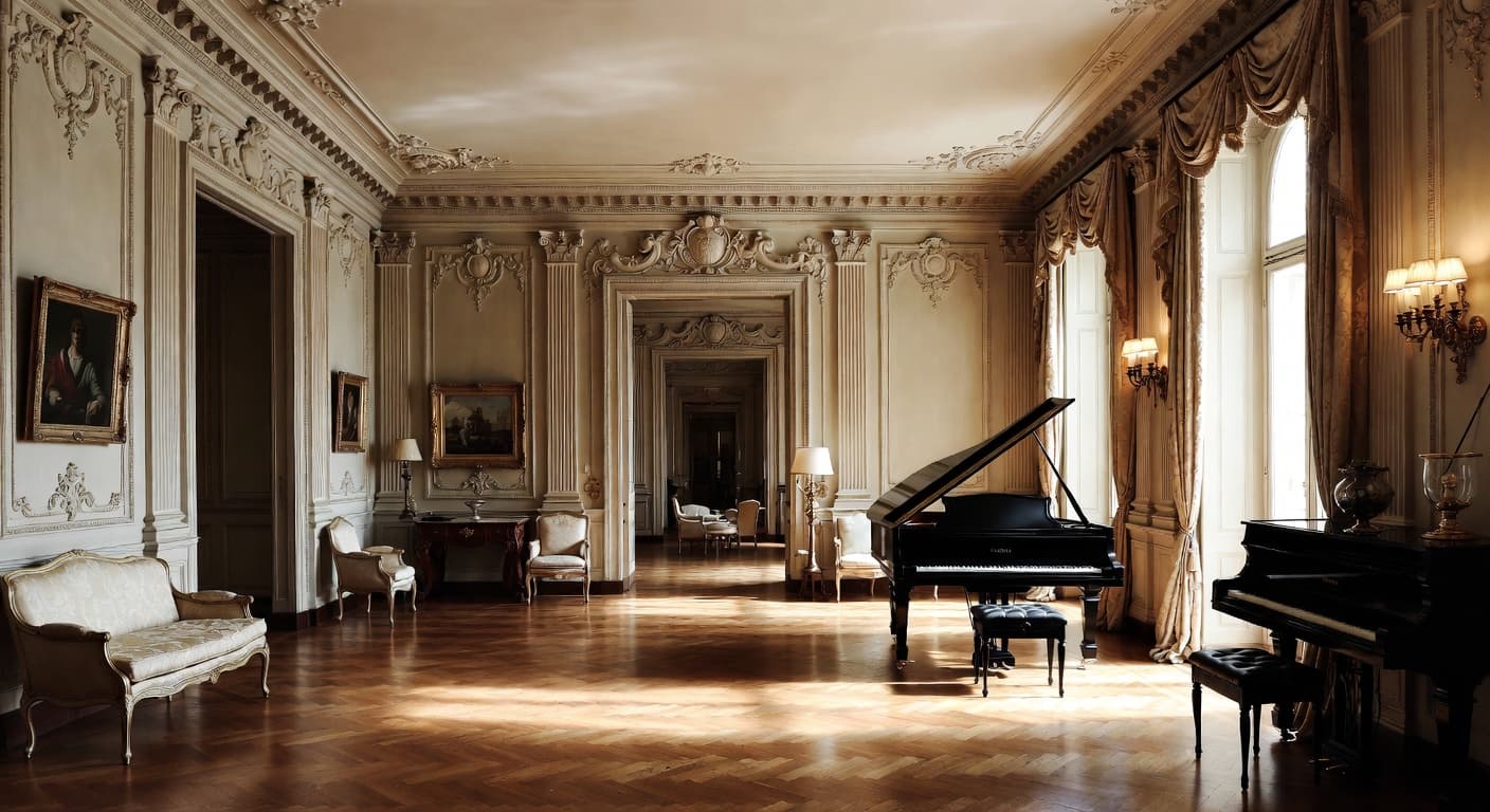Baroque music room interior design - featuring baroque style furniture, decor, colors, and layout ideas for your music room