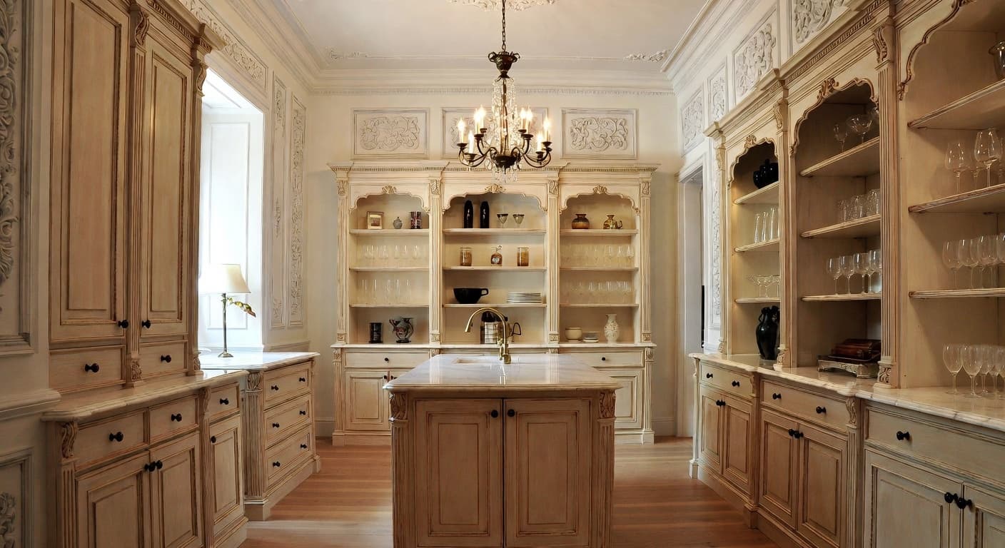 Baroque pantry interior design - featuring baroque style furniture, decor, colors, and layout ideas for your pantry