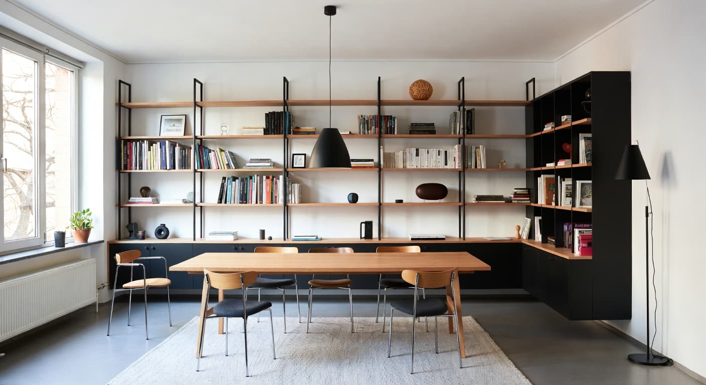 Bauhaus craft room / studio interior design - featuring bauhaus style furniture, decor, colors, and layout ideas for your craft room / studio