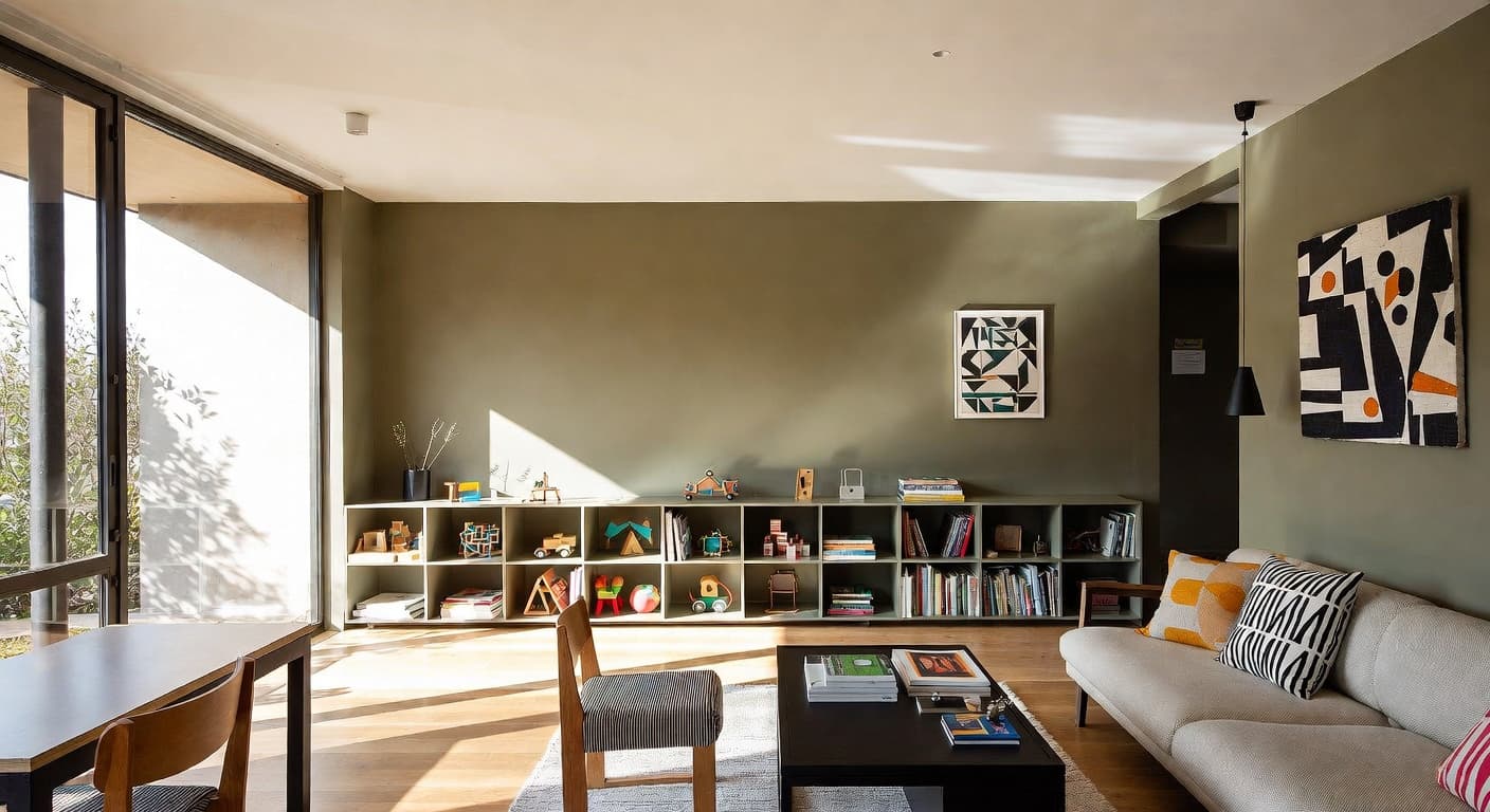 Bauhaus playroom interior design - featuring bauhaus style furniture, decor, colors, and layout ideas for your playroom