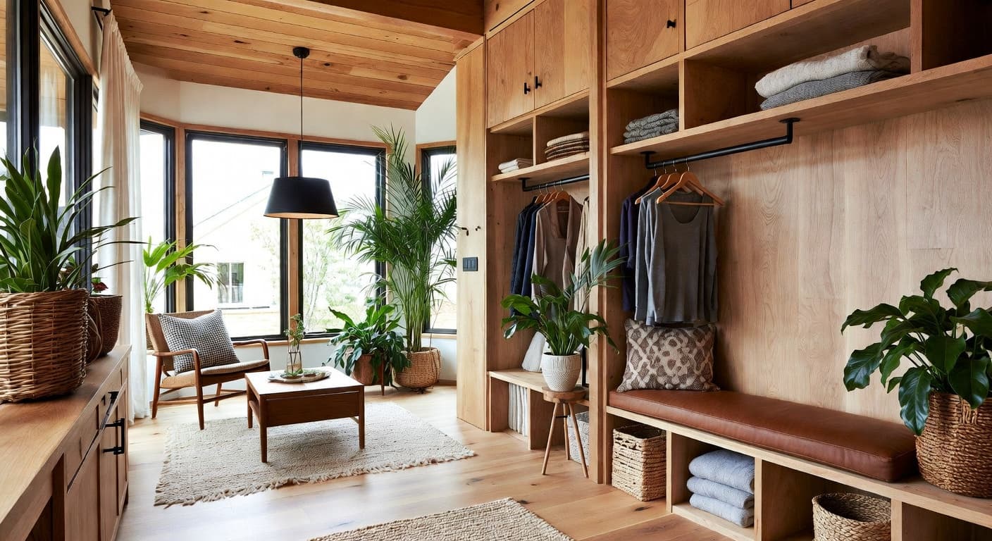 Biophilic mudroom interior design - featuring biophilic style furniture, decor, colors, and layout ideas for your mudroom