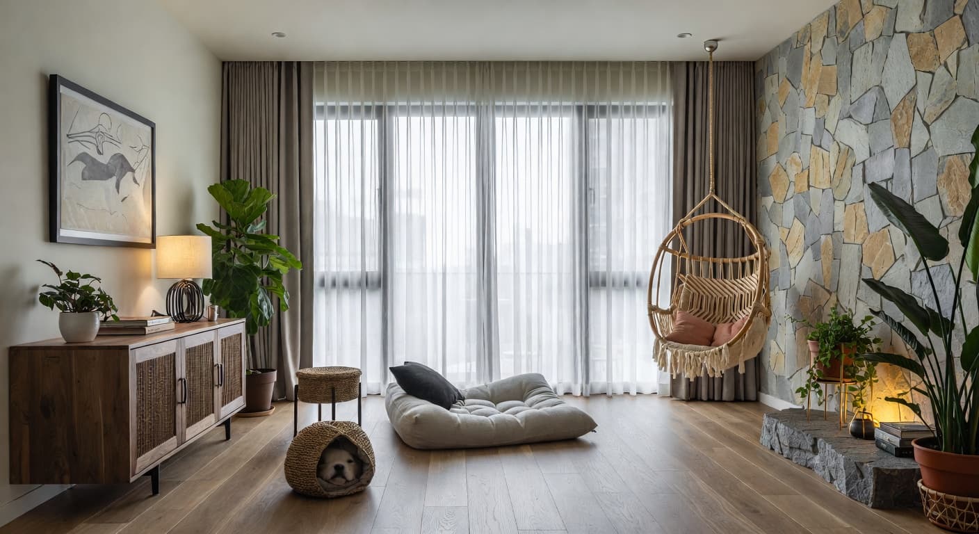 Biophilic pet room interior design - featuring biophilic style furniture, decor, colors, and layout ideas for your pet room