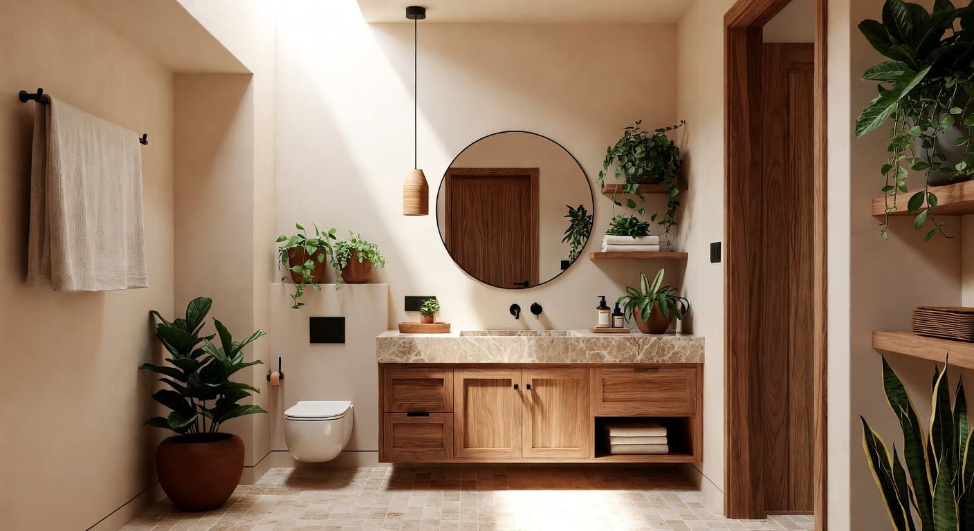 Biophilic powder room interior design - featuring biophilic style furniture, decor, colors, and layout ideas for your powder room