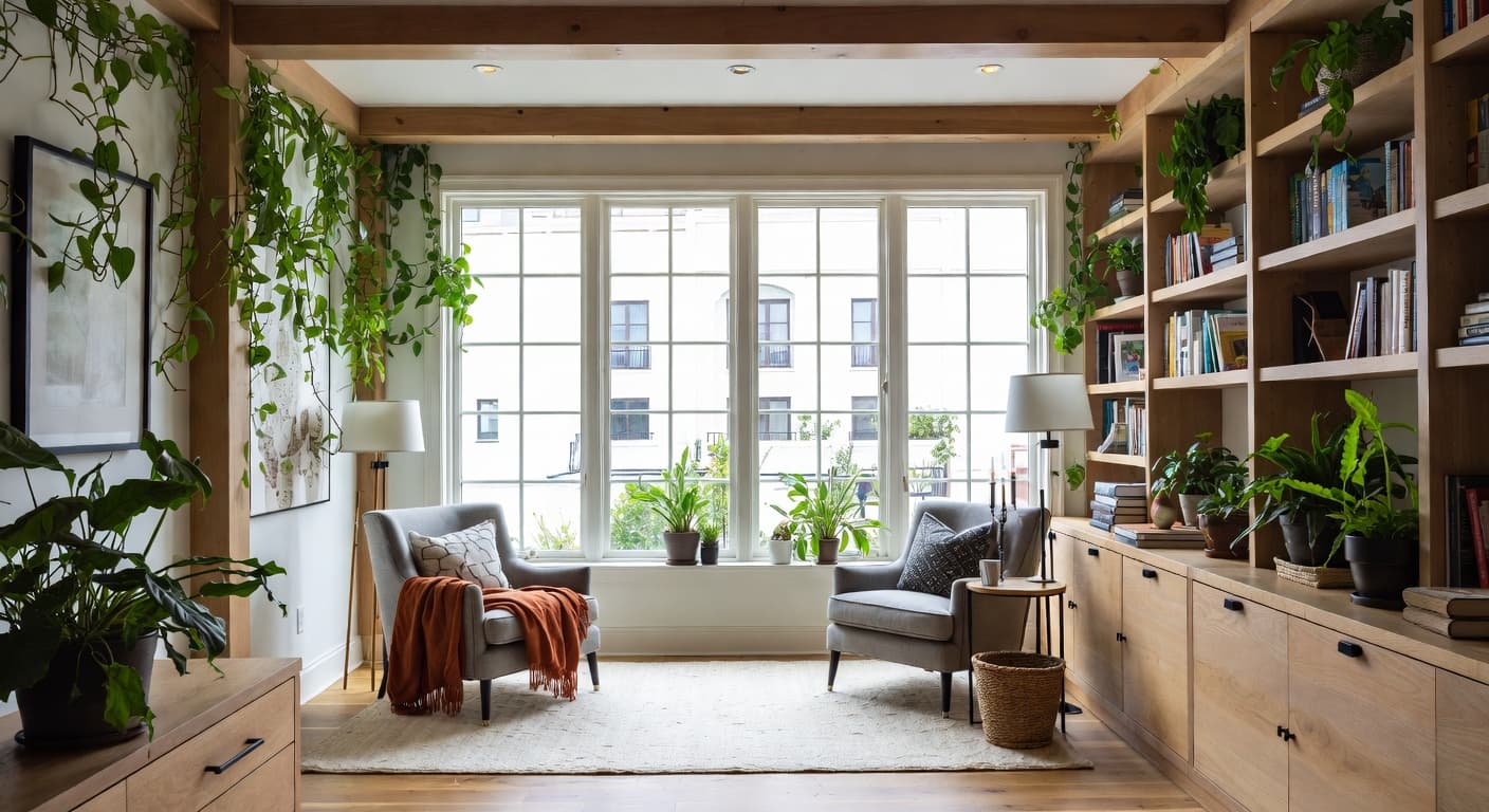 Biophilic reading nook interior design - featuring biophilic style furniture, decor, colors, and layout ideas for your reading nook