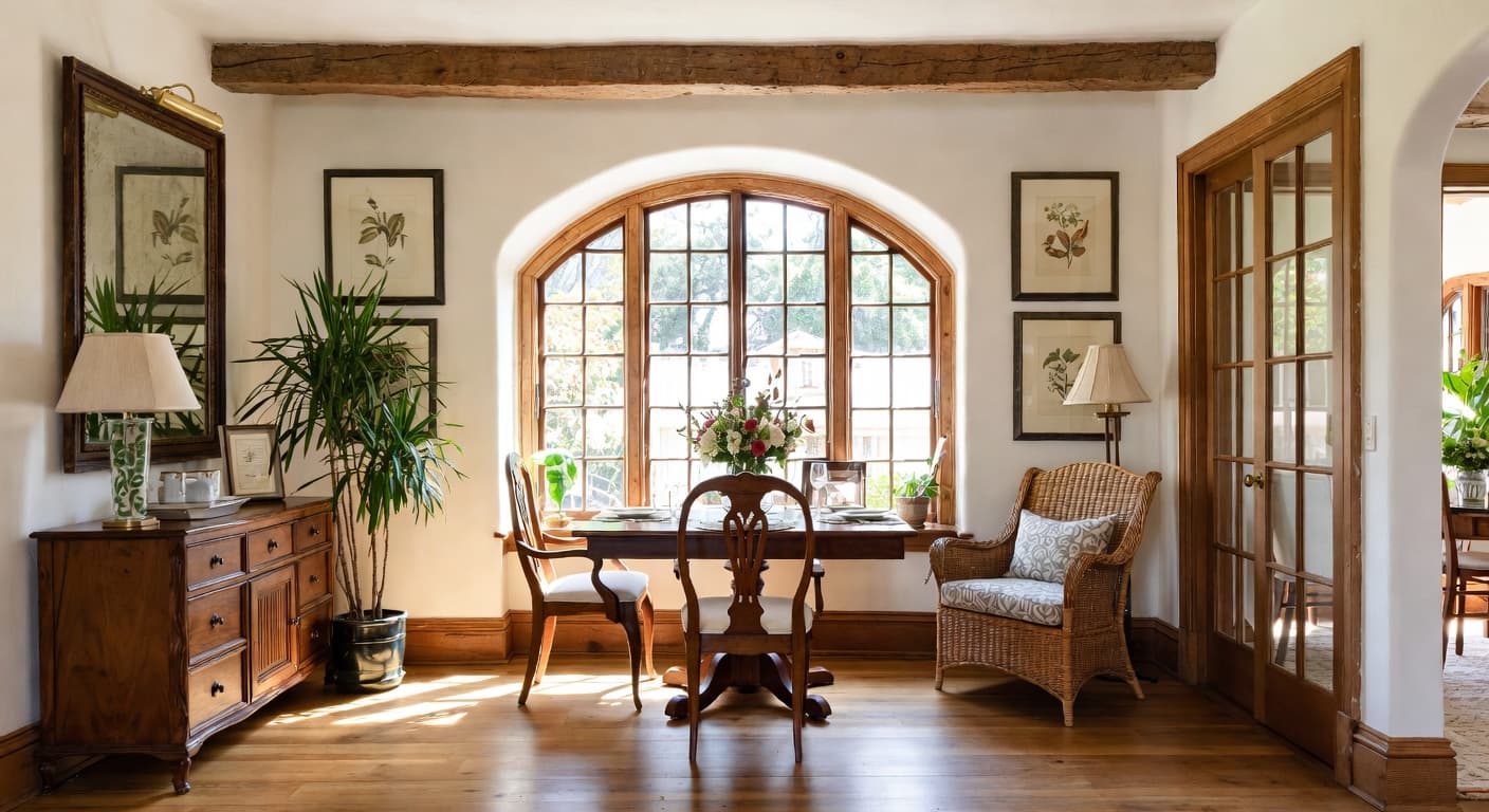 British Colonial breakfast nook interior design - featuring british colonial style furniture, decor, colors, and layout ideas for your breakfast nook