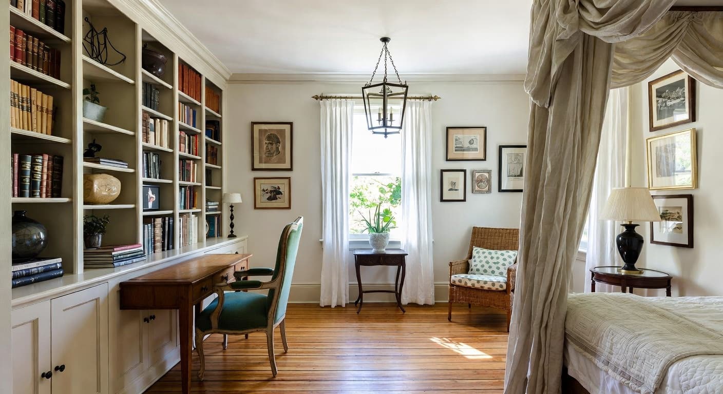 British Colonial craft room / studio interior design - featuring british colonial style furniture, decor, colors, and layout ideas for your craft room / studio