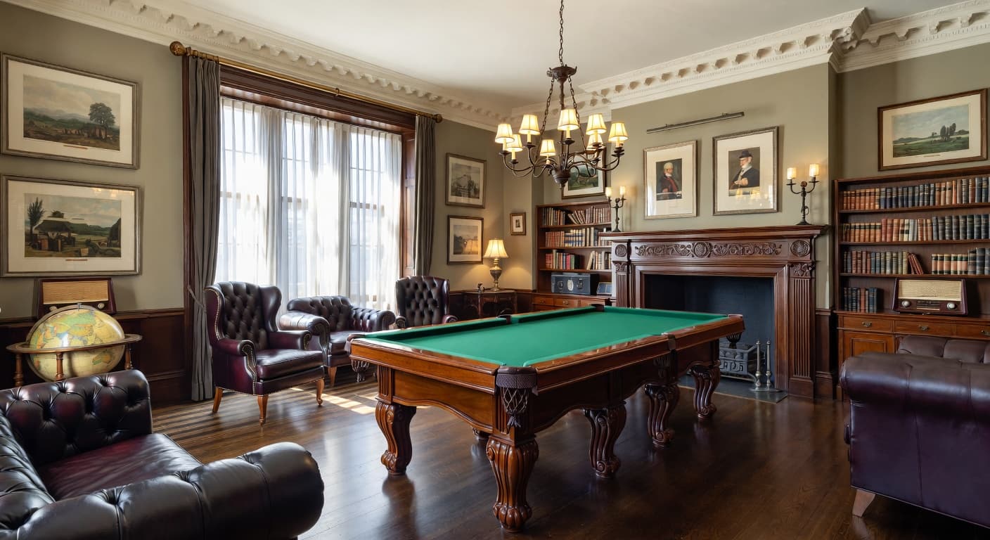 British Colonial game room interior design - featuring british colonial style furniture, decor, colors, and layout ideas for your game room