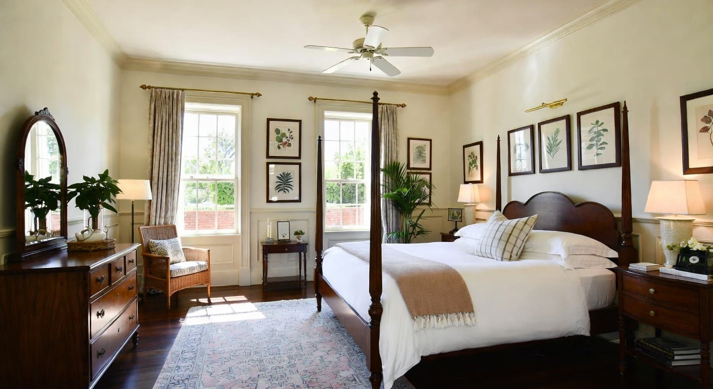 British Colonial guest room interior design - featuring british colonial style furniture, decor, colors, and layout ideas for your guest room