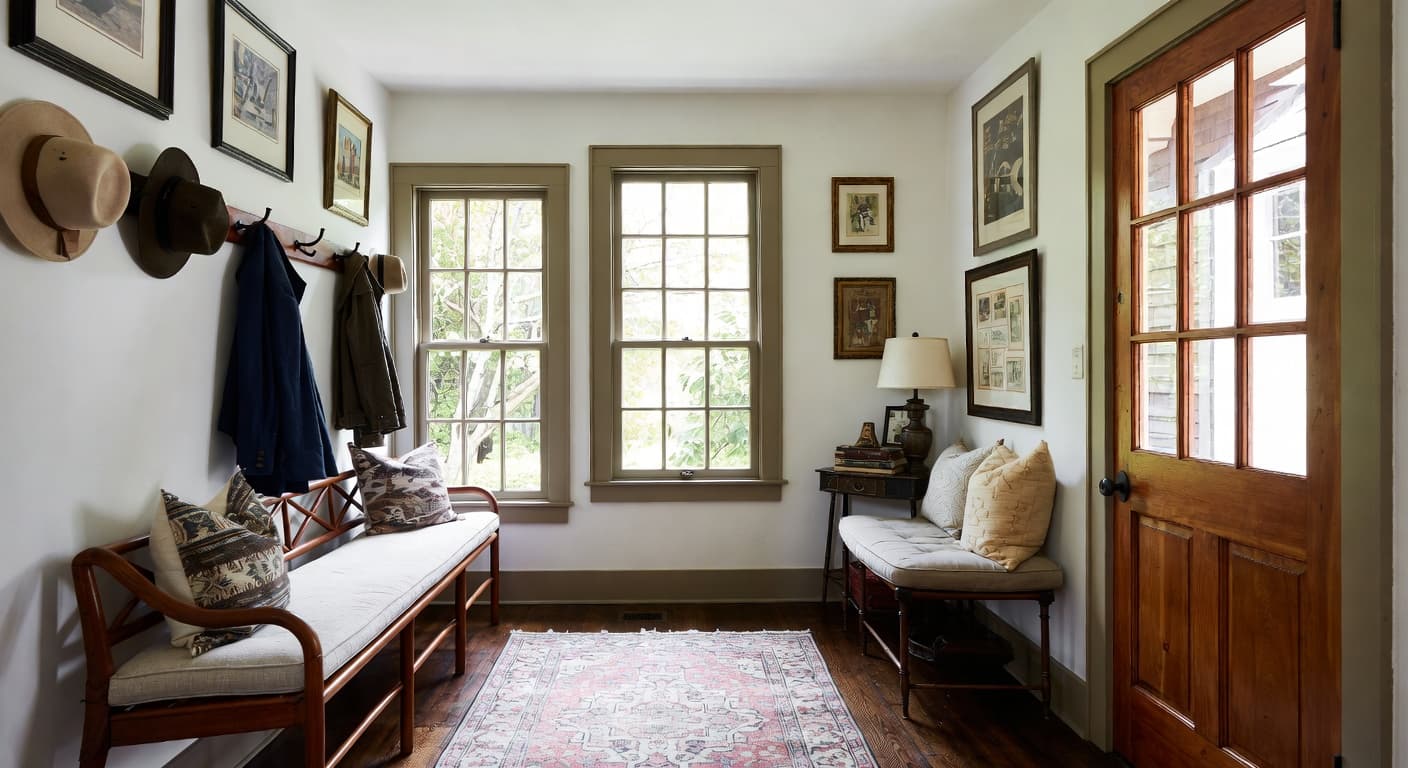 British Colonial mudroom interior design - featuring british colonial style furniture, decor, colors, and layout ideas for your mudroom