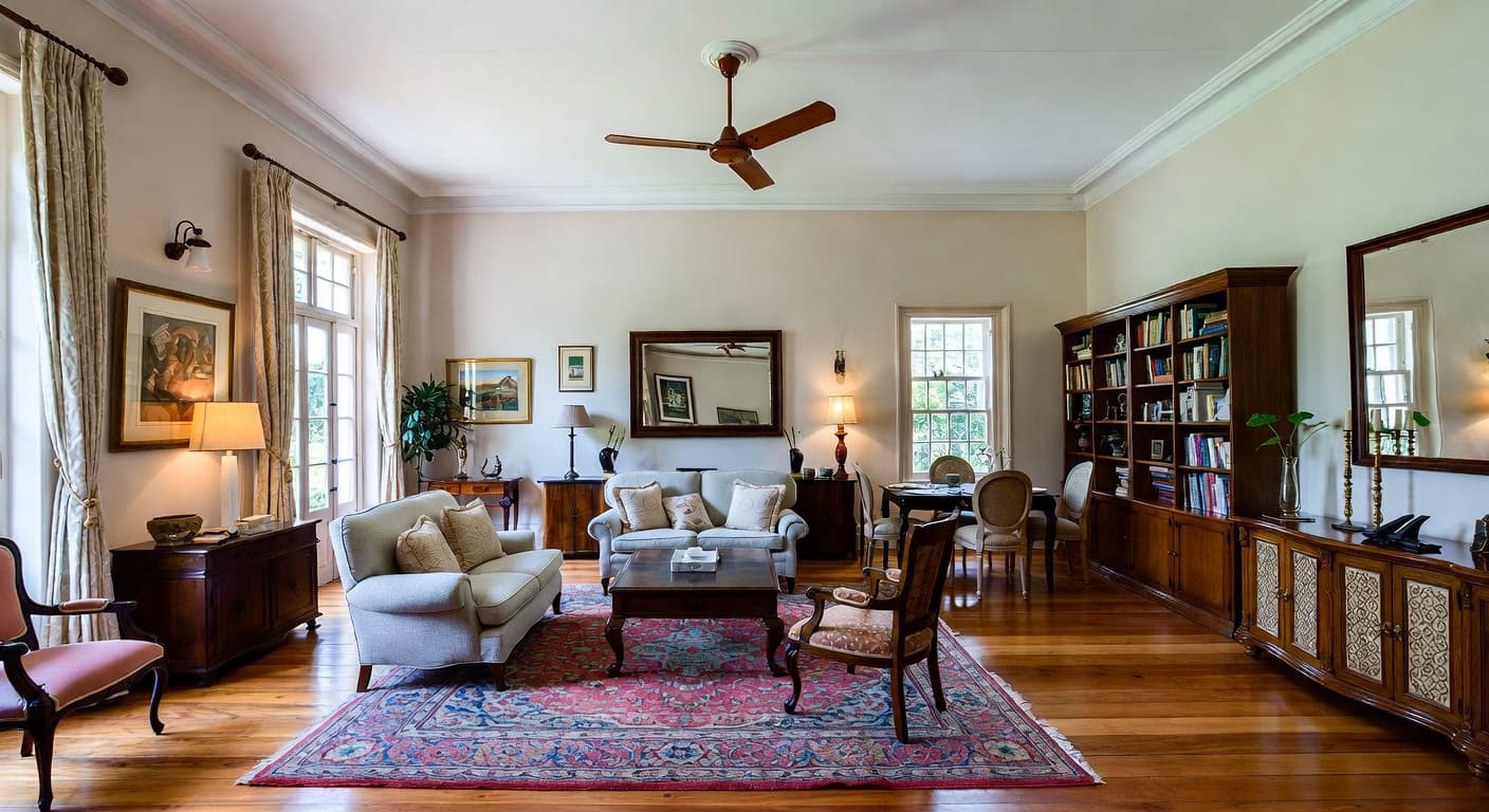 British Colonial multi-purpose room interior design - featuring british colonial style furniture, decor, colors, and layout ideas for your multi-purpose room